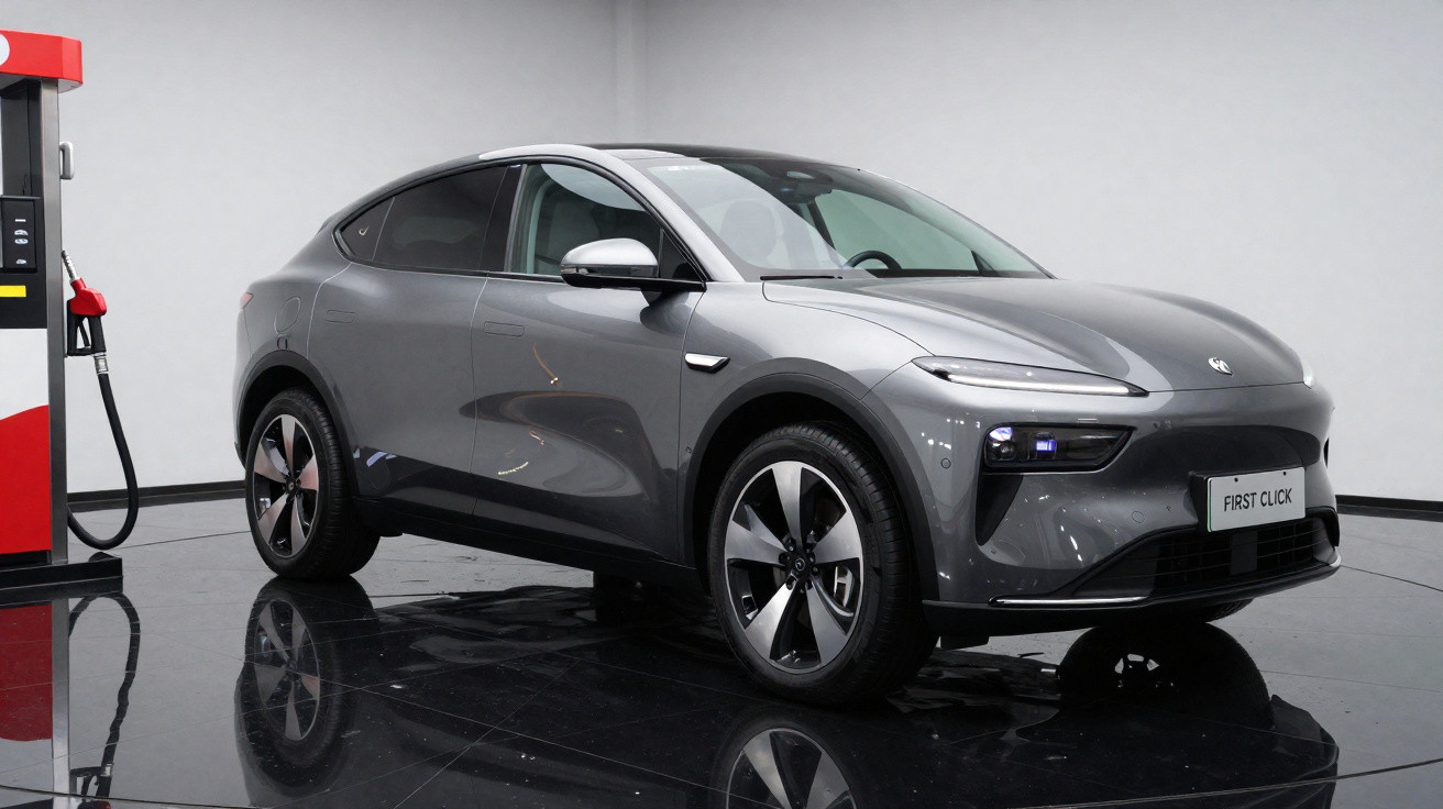 Carro elétrico cinza estacionado em sala branca ao lado de carregador de veículo elétrico.