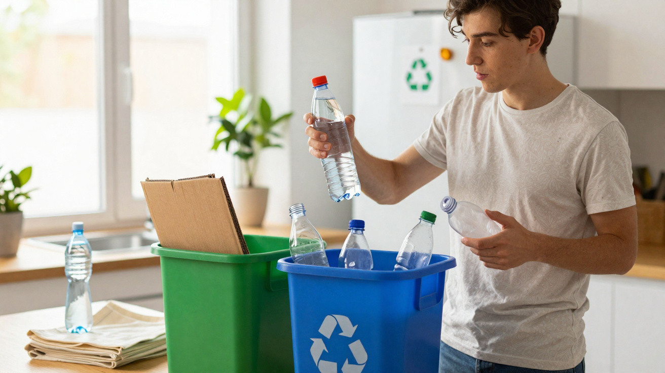 Jovem separando garrafas plásticas para reciclagem em recipientes coloridos na cozinha.