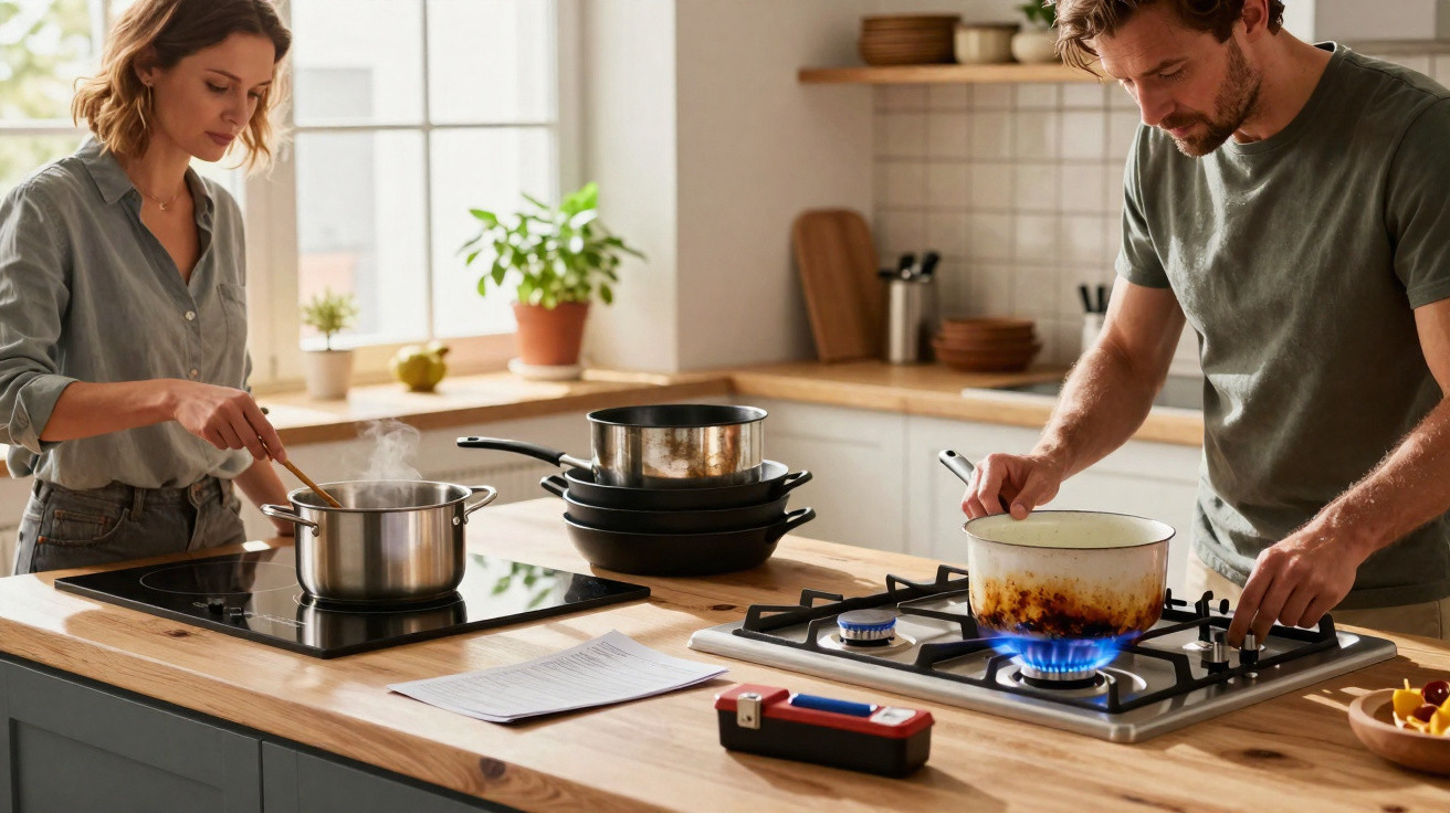 Casal cozinhando junto em cozinha moderna com fogão a gás e elétrico, panela fervendo e utensílios ao redor.