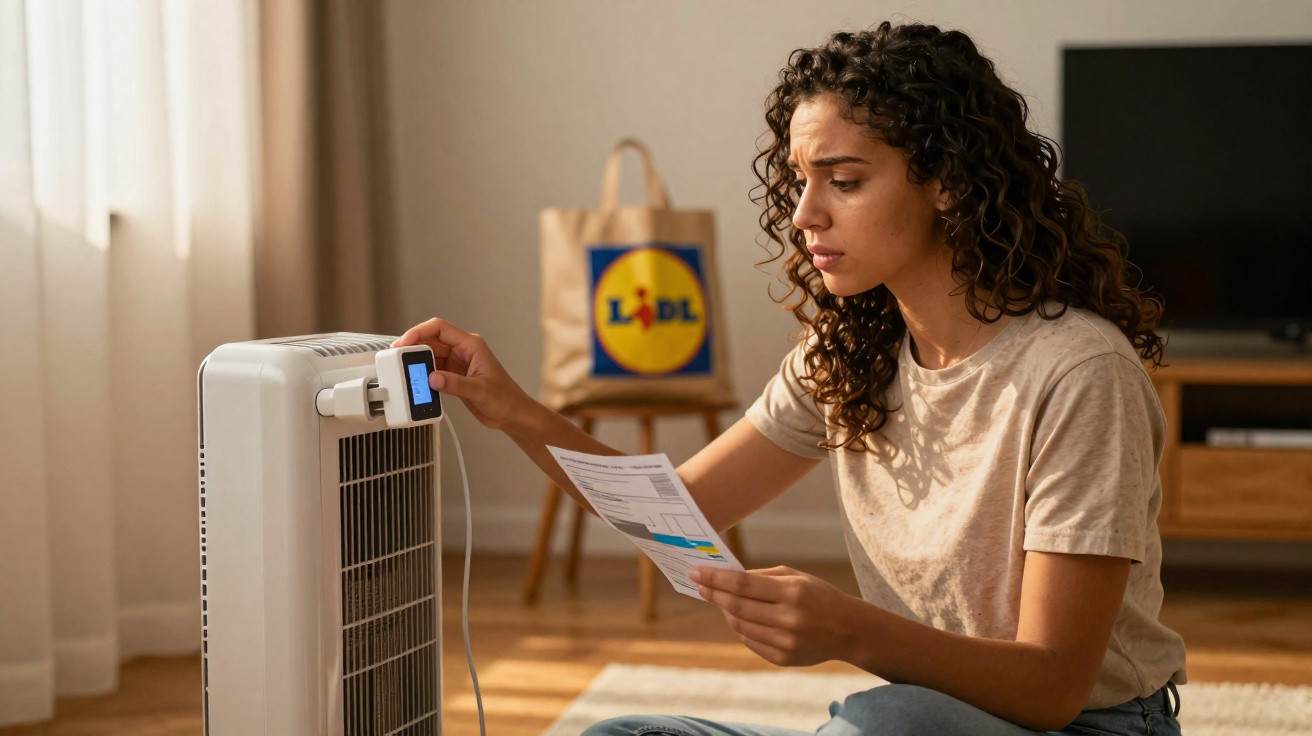Mulher sentada ajustando medidor de energia em ventilador, olhando conta de luz com expressão preocupada.