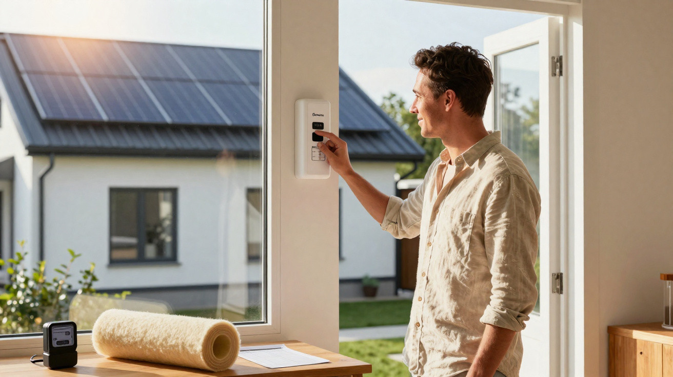 Jovem ajusta termostato em casa com luz solar entrando pela janela ao fundo