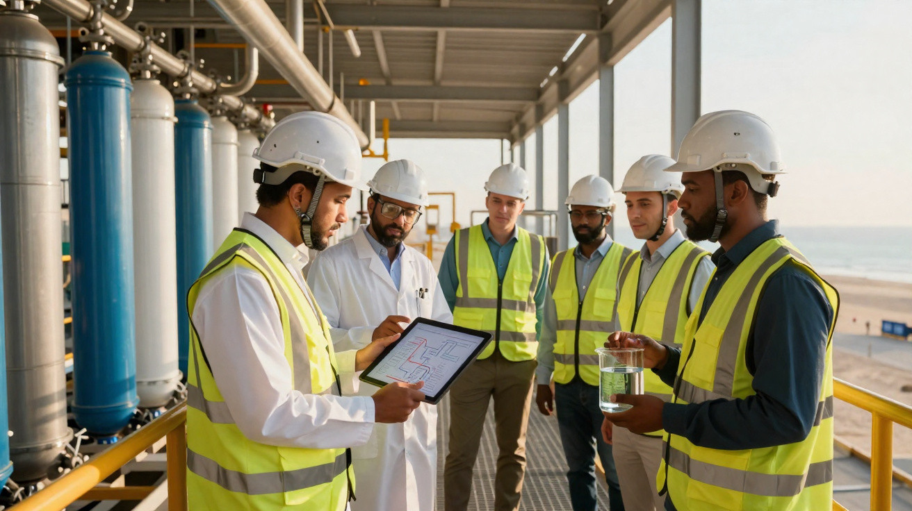 Equipe de engenheiros em coletes e capacetes discutindo projeto em área industrial próxima à praia.