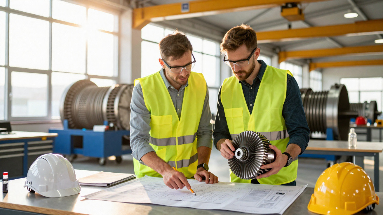 Dois engenheiros com coletes refletivos revisando projeto técnico em fábrica industrial, segurando peça metalúrgica.