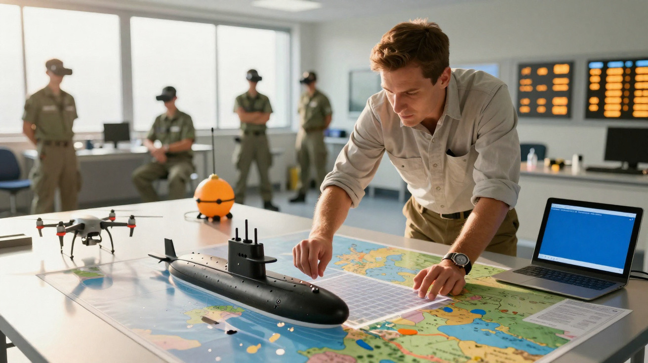 Homem analisando mapa com modelo de submarino em mesa, enquanto militares observam ao fundo.