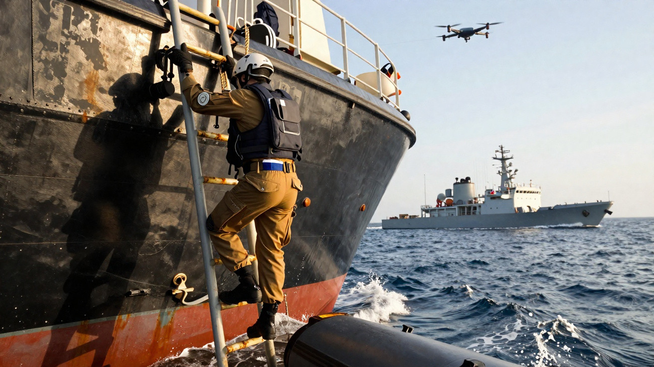 Militar sobe escada de navio com drone voando e destróier no mar ao fundo em dia claro.