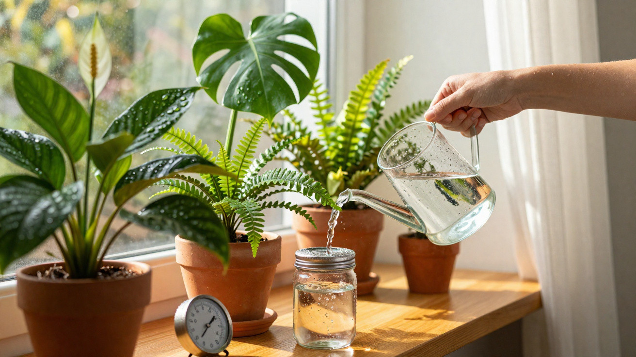 Pessoa regando plantas em vasos de barro sobre um parapeito de janela ensolarada.