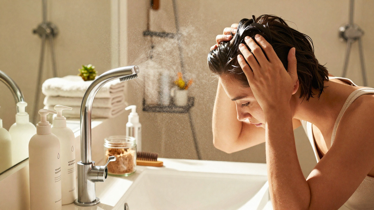 Mulher lavando o cabelo sobre a pia do banheiro com luz natural e produtos ao lado.