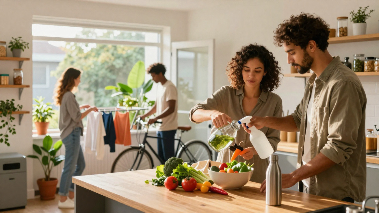 Casal preparando salada com legumes na cozinha enquanto outros penduram roupas em varal interno.