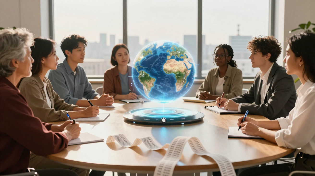 Grupo diverso de pessoas em reunião ao redor de mesa com globo terrestre holográfico no centro.