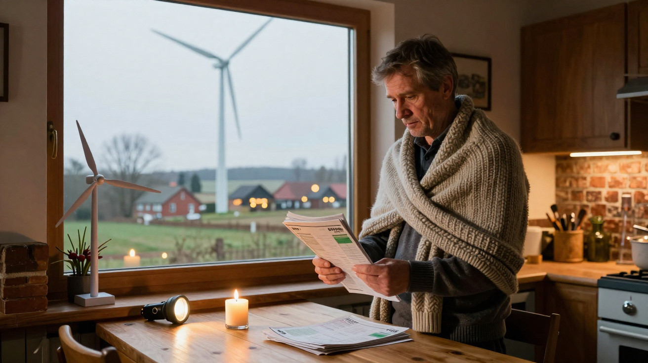 Homem com cobertor lendo conta de luz na cozinha, vela acesa e moinho de vento vista pela janela.