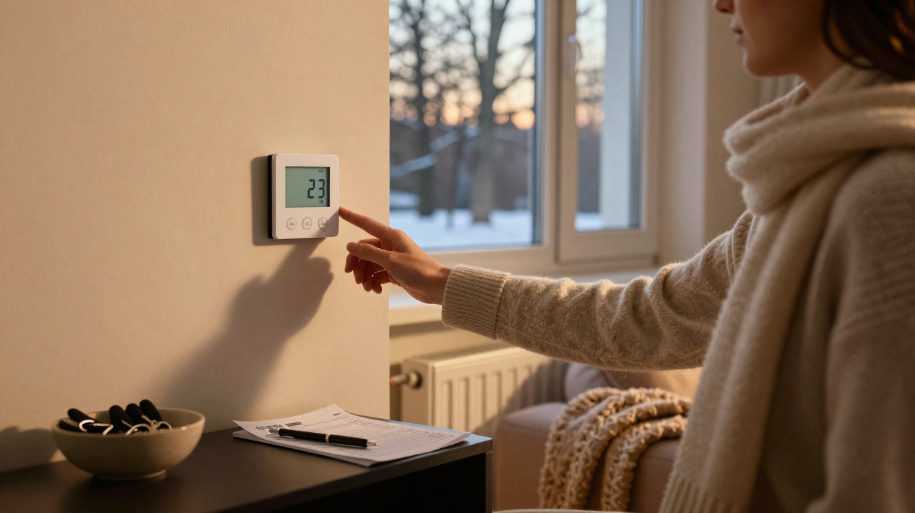 Pessoa ajustando termostato digital na parede em ambiente interno com janela ao fundo e luz suave.