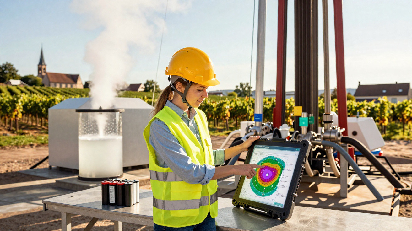 Mulher com capacete amarelo e colete refletivo verifica dados em tablet ao ar livre em planta industrial.