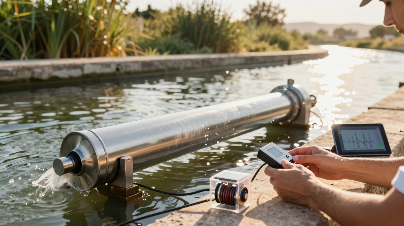 Homem monitora dispositivo eletrônico conectado a aparelho metálico em canal de água ao ar livre.