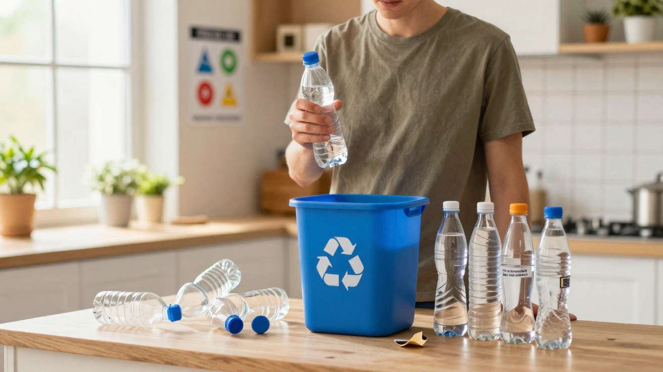 Pessoa descartando garrafas plásticas vazias em caixa azul de reciclagem em cozinha iluminada.