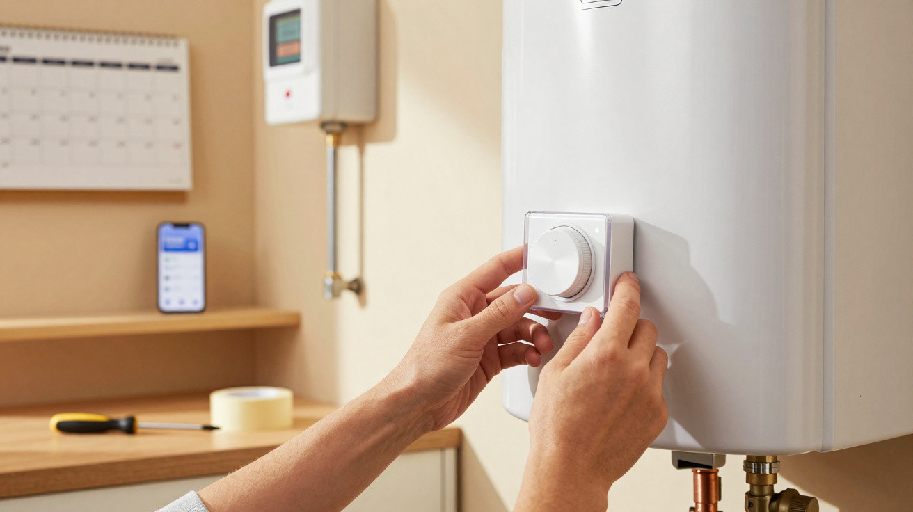 Mãos ajustando termostato de um aquecedor de água branco em ambiente doméstico com calendário e smartphone ao fundo.