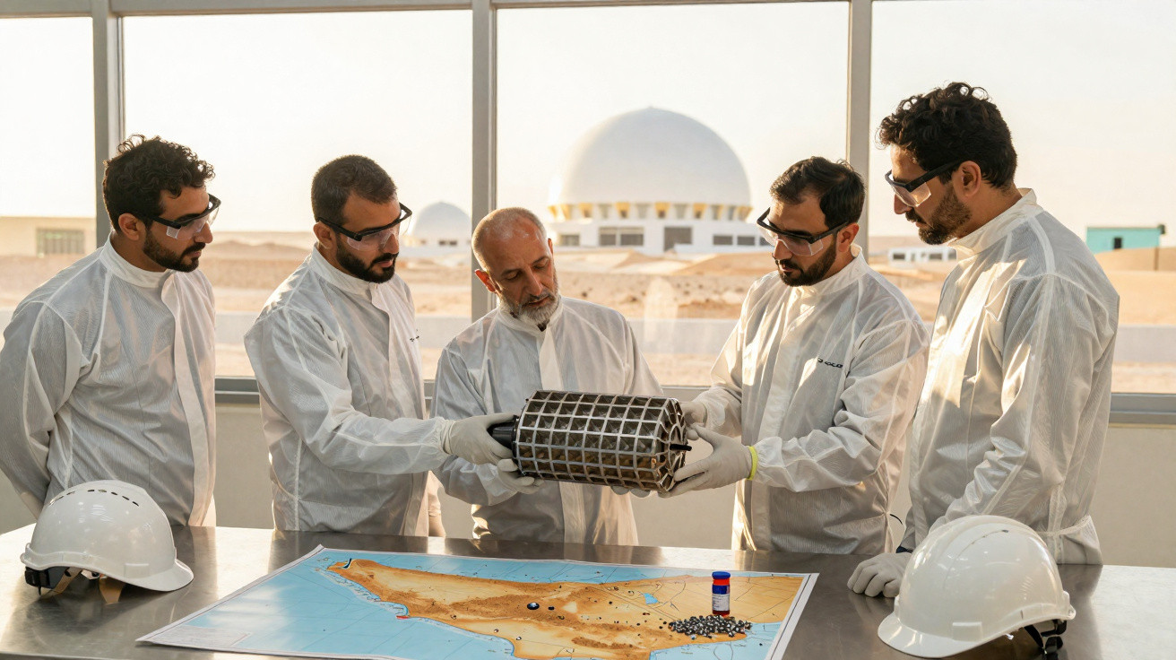 Cinco cientistas em jalecos brancos observam aparato tecnológico sobre mesa com mapa em laboratório.