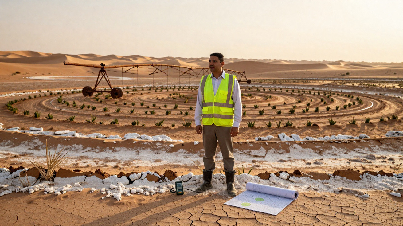 Homem com colete refletivo em campo circular de cultivo no deserto ao pôr do sol.
