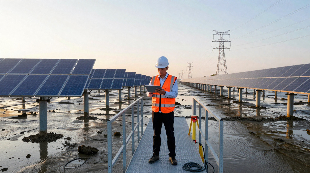 Engenheiro com colete e capacete usando tablet numa usina solar com painéis e torres de energia ao fundo.