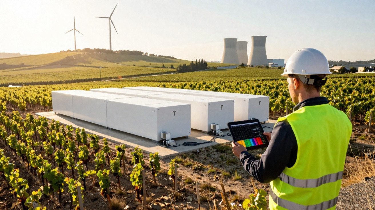 Homem com capacete e colete refletivo monitora sistema de armazenamento de energia em campo com usina nuclear e turbinas eóli