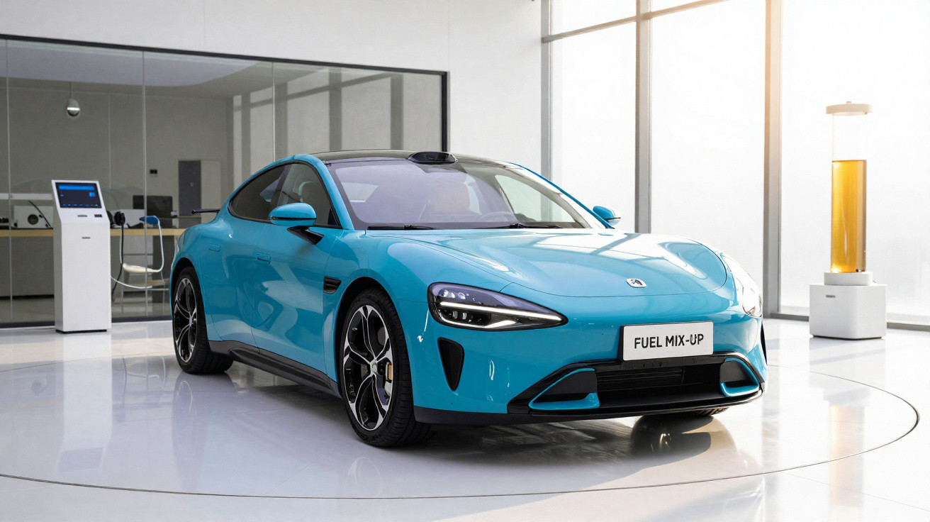 Carro esportivo azul eletrificado em exposição interna com placa "Fuel Mix-Up".