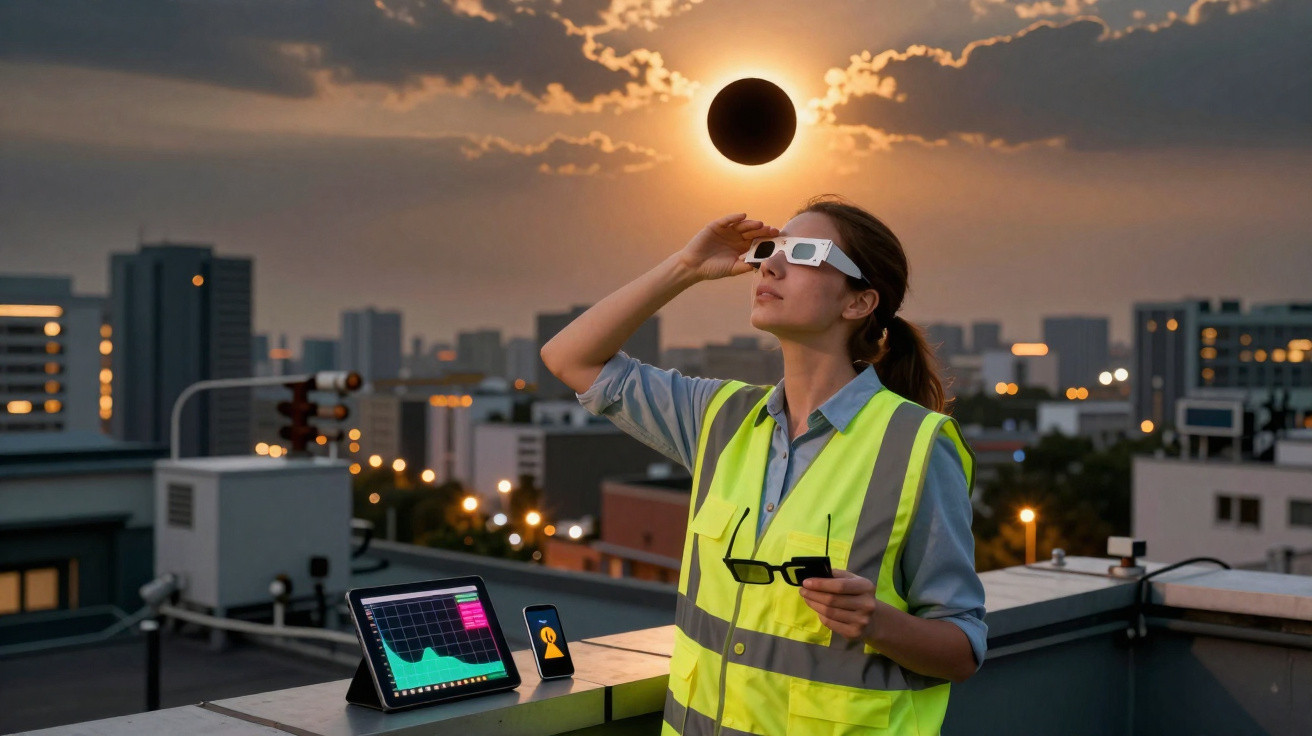 Mulher com colete refletivo observa eclipse solar usando óculos especiais em um terraço urbano ao entardecer.