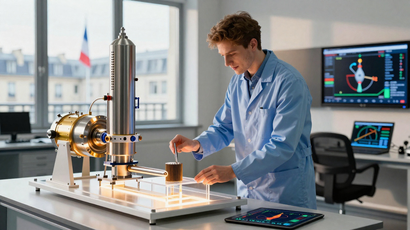 Pesquisador usando jaleco azul manipula equipamento científico avançado em laboratório moderno com gráficos em telas.