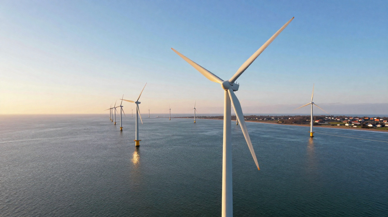 Parque eólico offshore com várias turbinas de vento sobre o mar próximo à costa ao pôr do sol.