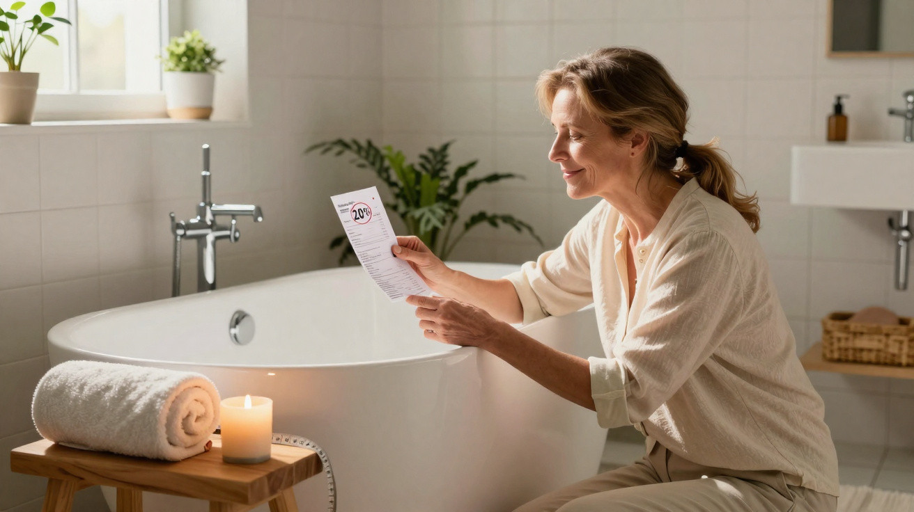 Mulher sorridente sentada ao lado da banheira lendo um papel em um banheiro iluminado.