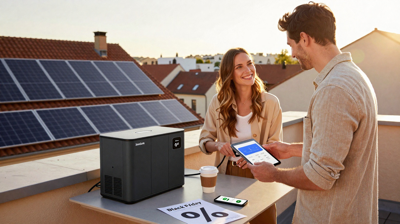 Casal em varanda com painel solar, analisando dados em tablet ao lado de gerador portátil e celular.