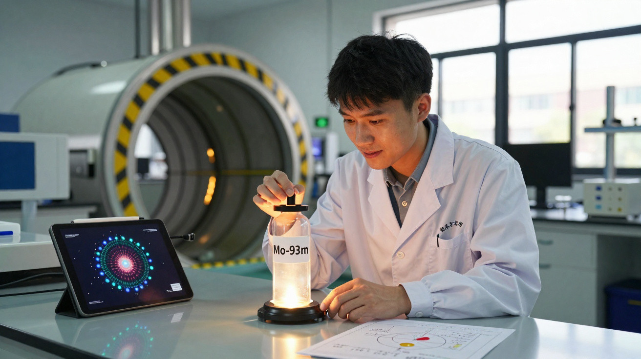 Cientista em laboratório analisa amostra rotulada Mo-93m com equipamento de tomografia e tablet ao lado.