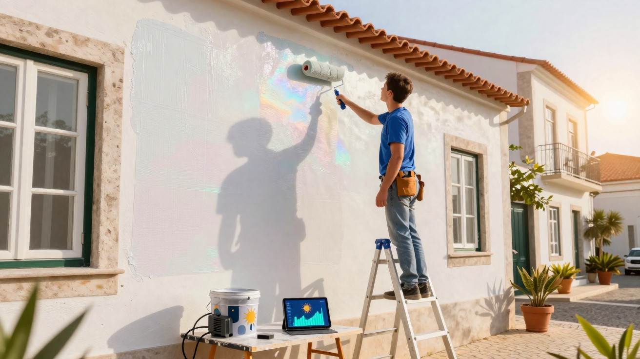 Homem pintando a parede branca de uma casa com rolo em escada sob luz do sol.