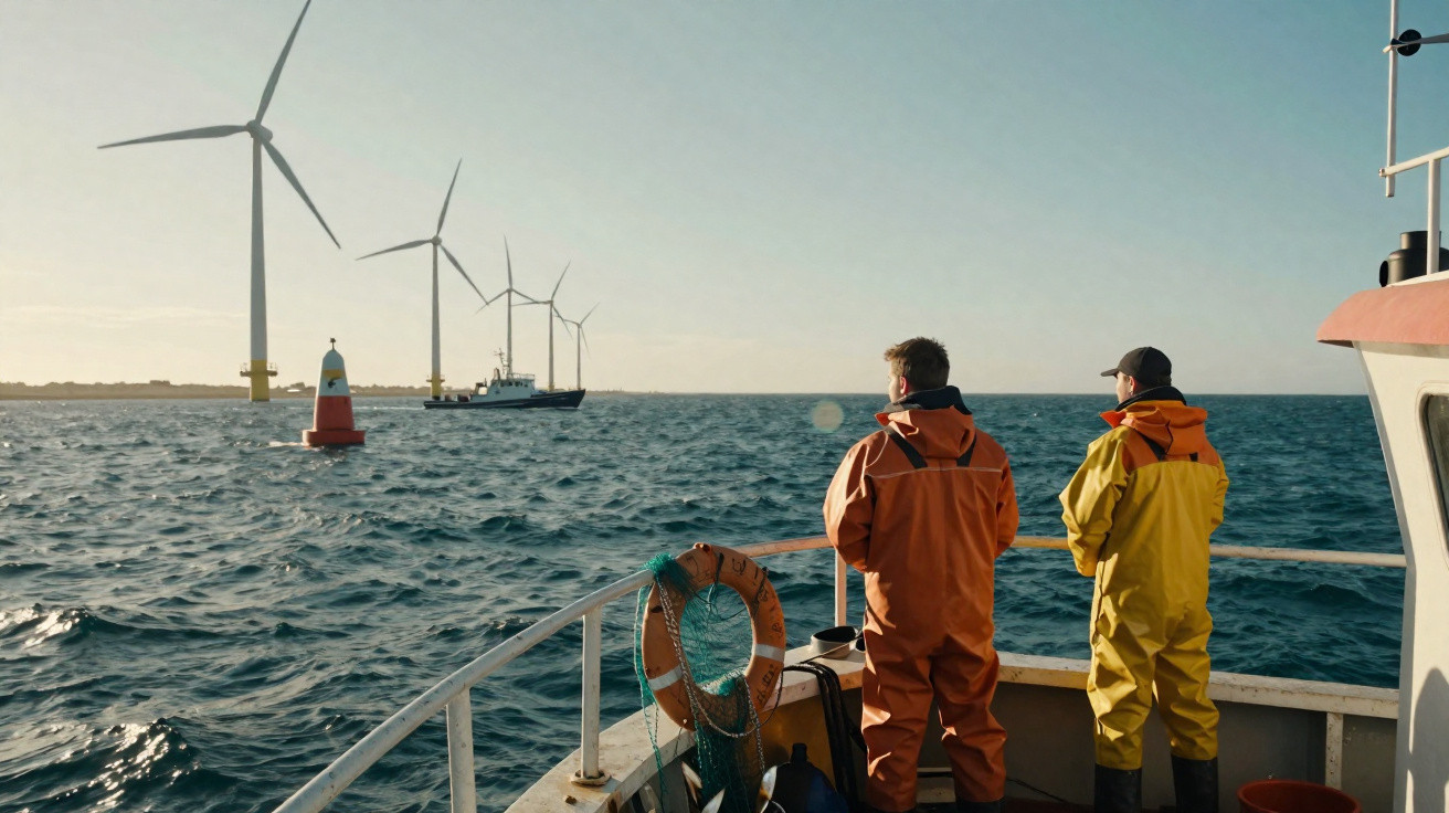Dois homens com roupas de proteção observam usina eólica offshore a partir de um barco no mar.