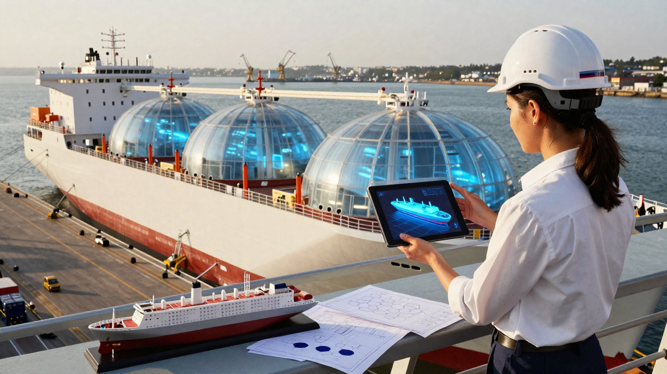 Engenheira com capacete usando tablet para analisar navio com tanques esféricos em porto industrial.