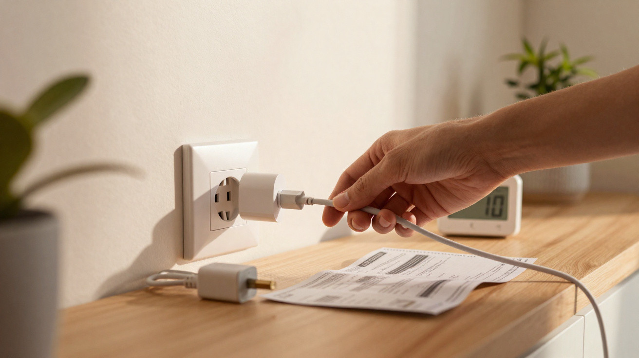 Mão conectando cabo USB em tomada elétrica em ambiente doméstico com documentos sobre mesa de madeira.