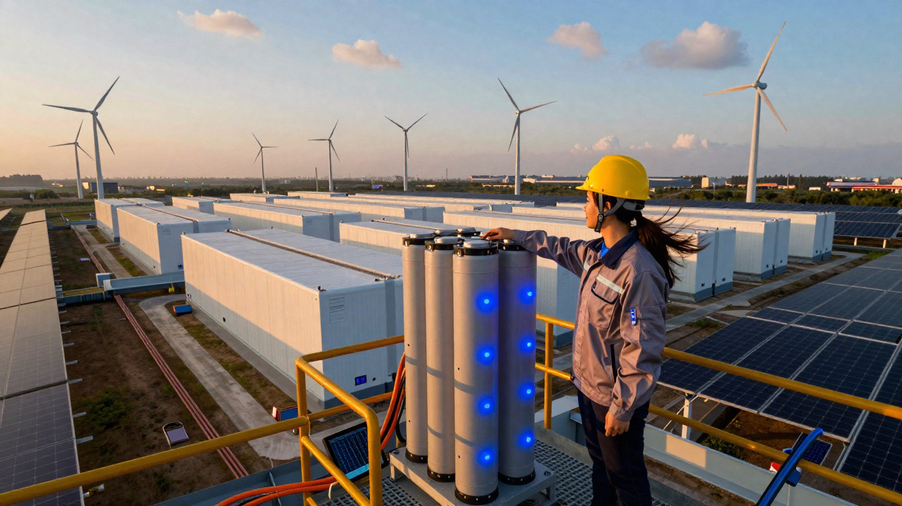 Mulher com capacete em usina de energia renovável, com painéis solares e turbinas eólicas ao fundo.