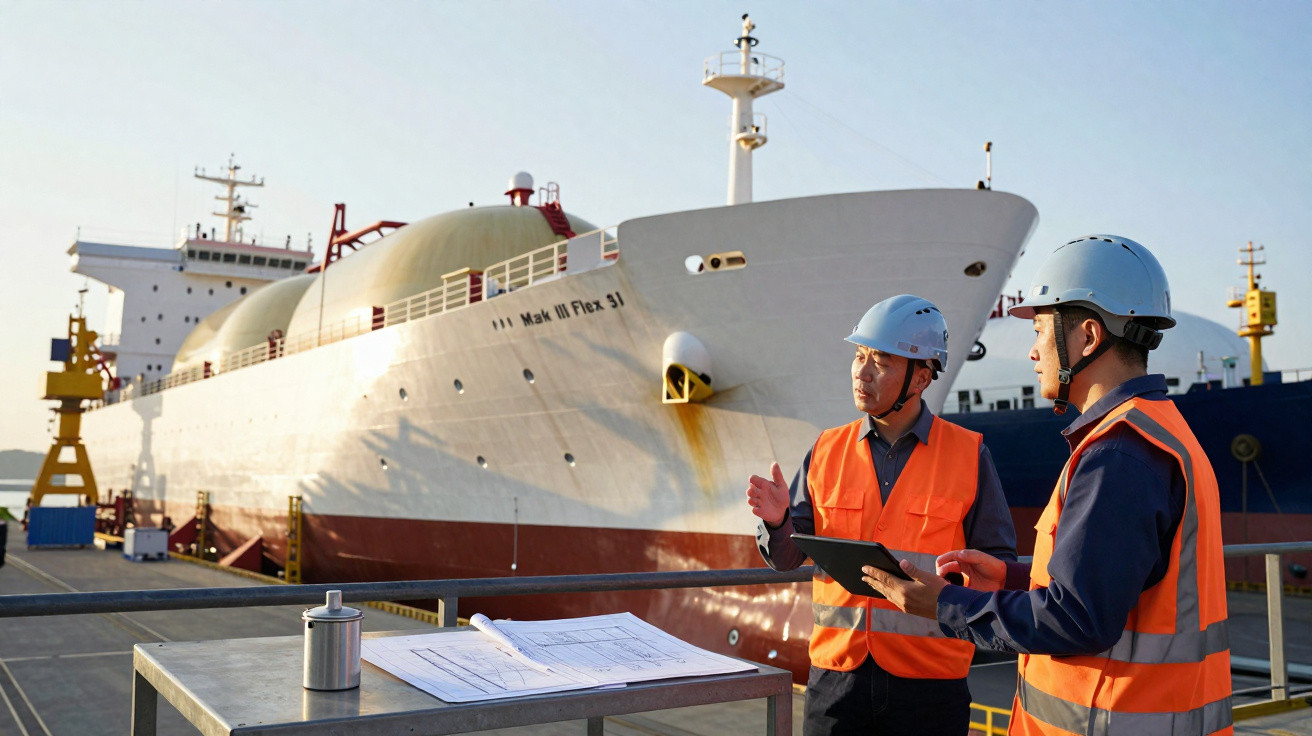Dois trabalhadores com capacetes e coletes laranja discutem perto de um navio cargueiro no porto ao pôr do sol.