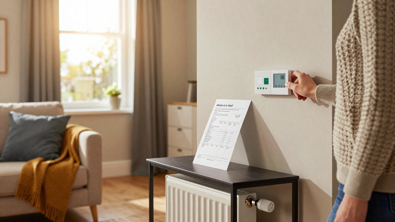 Pessoa ajusta termostato digital em ambiente interno aconchegante com sofá, mesa e janela ao fundo.