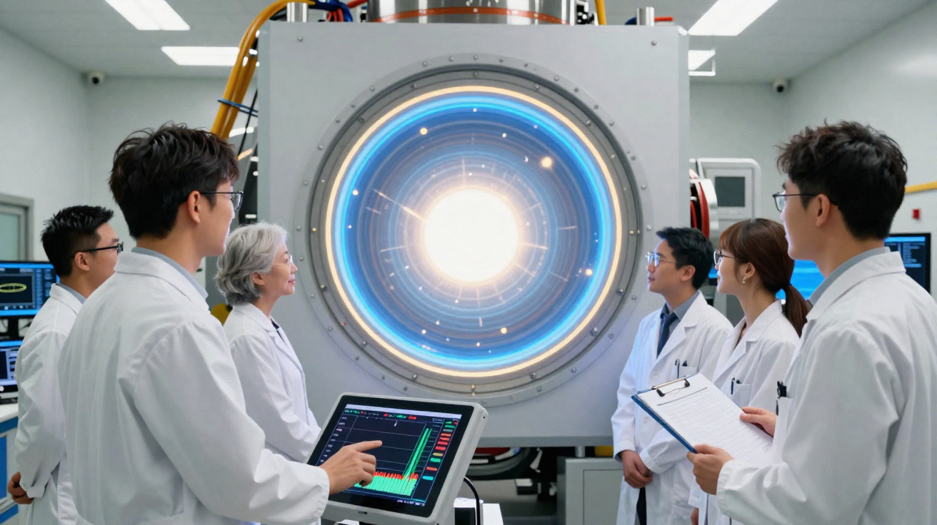 Equipe de cientistas em laboratório observando equipamento tecnológico avançado com visor luminoso circular azul.