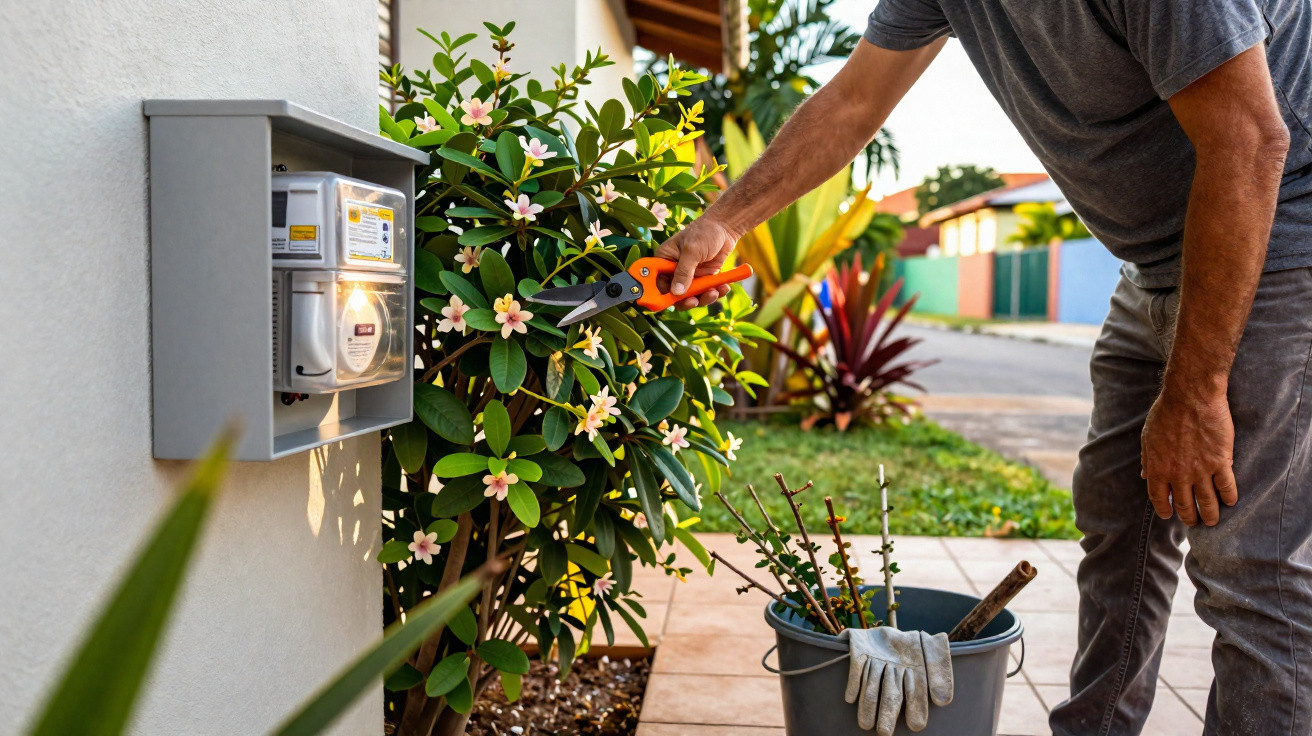 Pessoa podando arbusto com flores brancas e rosas no jardim ao lado de medidor de energia elétrica.