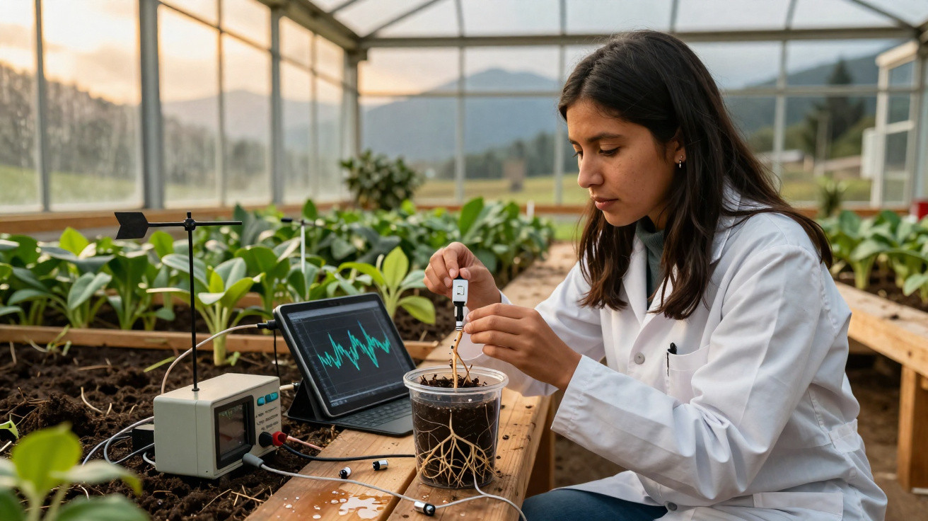 Mulher cientista analisa planta e raízes em laboratório de agricultura com equipamentos eletrônicos.