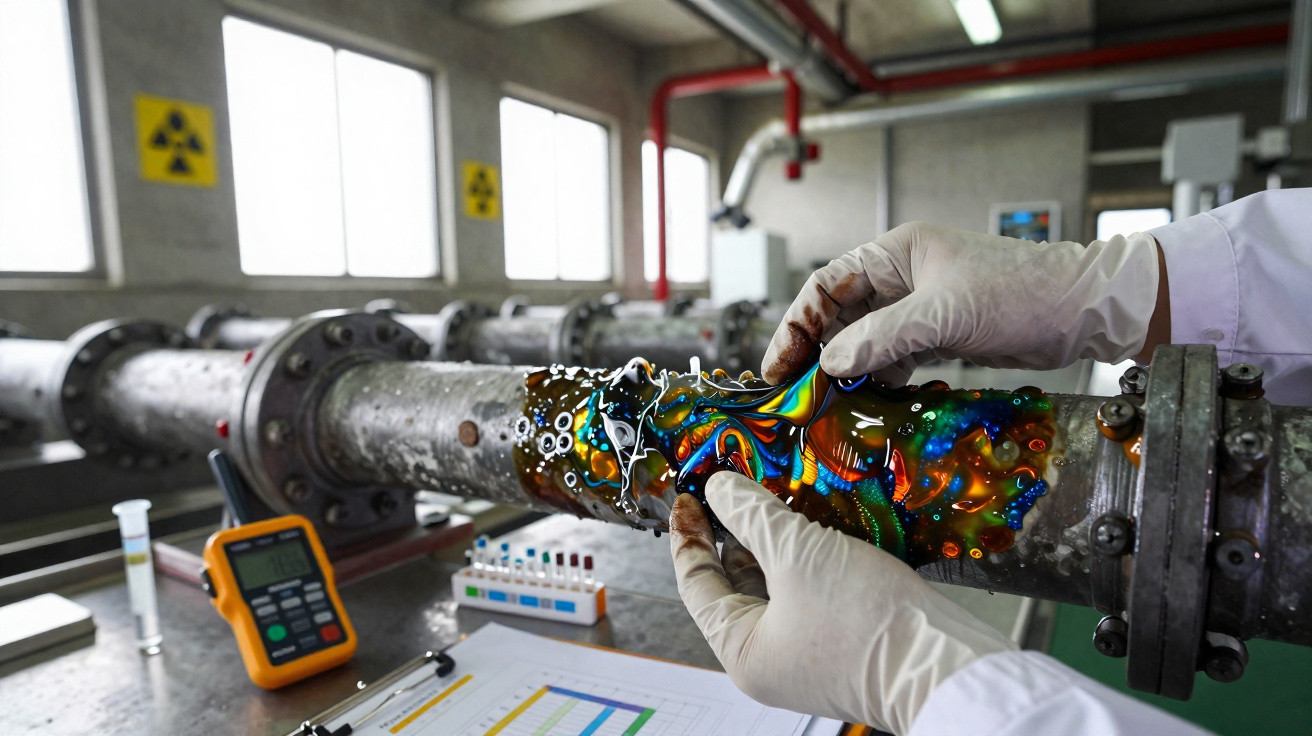 Cientista usando luvas retira película colorida de tubo metálico em laboratório industrial com sinal de radiação.