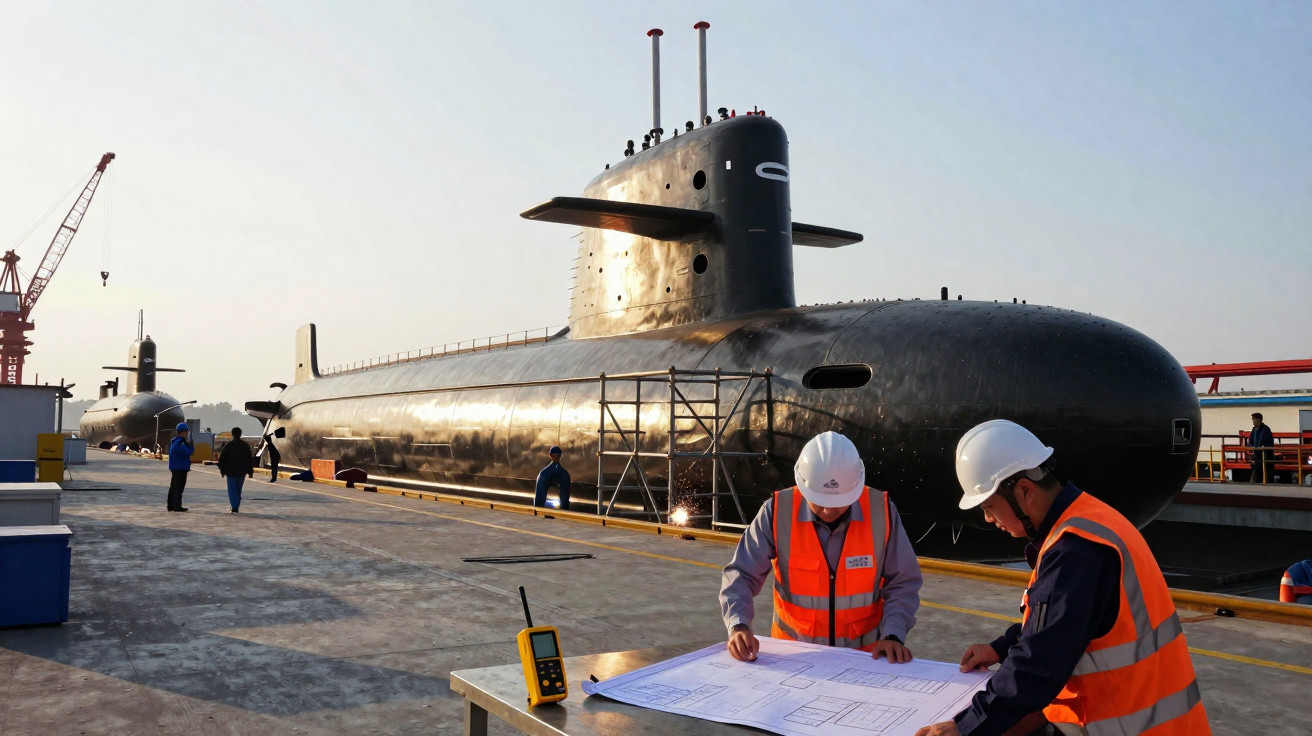 Dois trabalhadores com capacetes revisam plantas ao lado de submarino preto em doca de estaleiro.