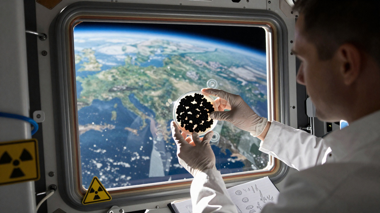 Astronauta segurando placa de petri com amostras, janela da Estação Espacial mostra Terra ao fundo.