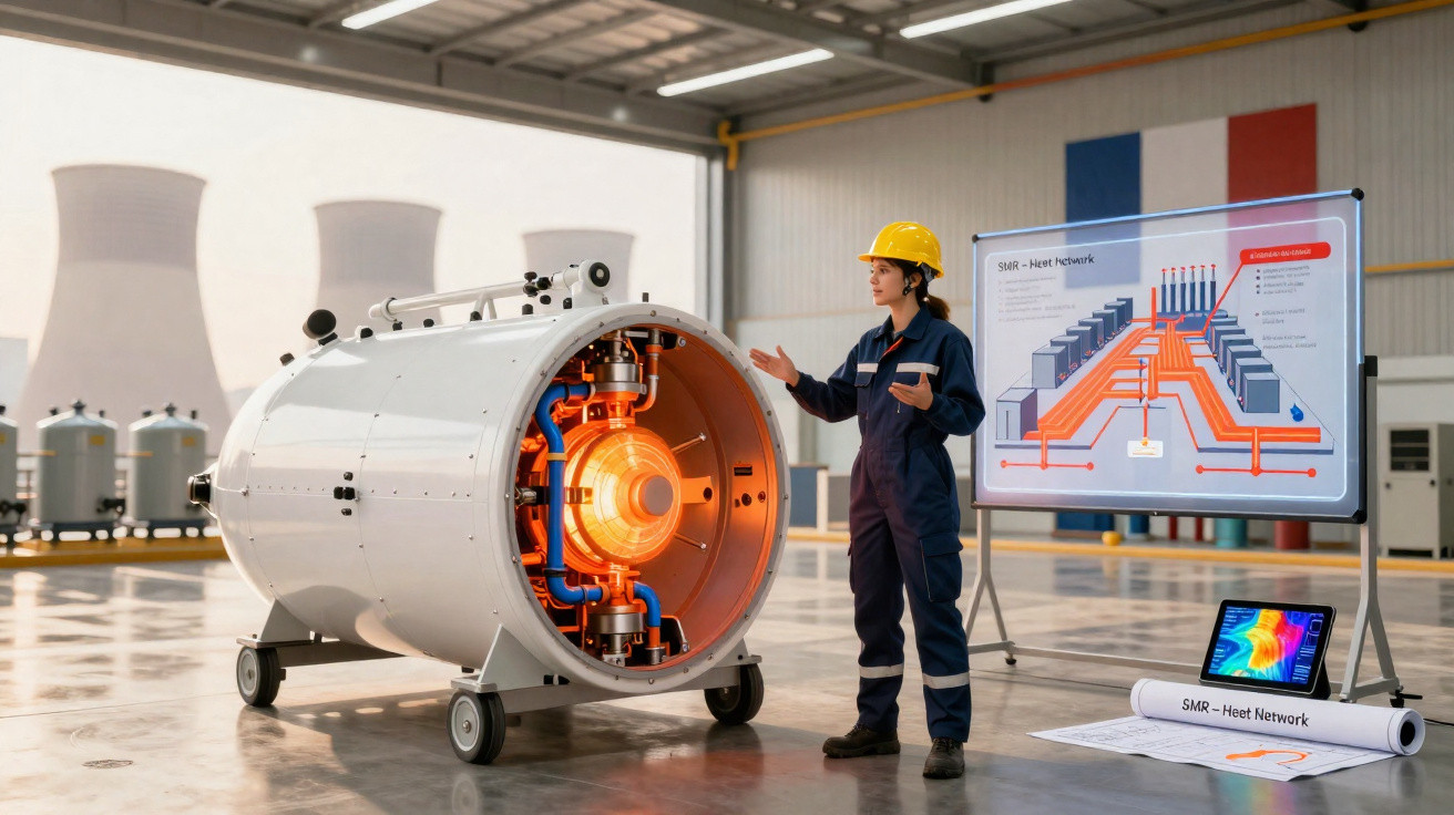Engenheira em capacete amarelo ao lado de modelo tecnológico em ambiente industrial moderno.