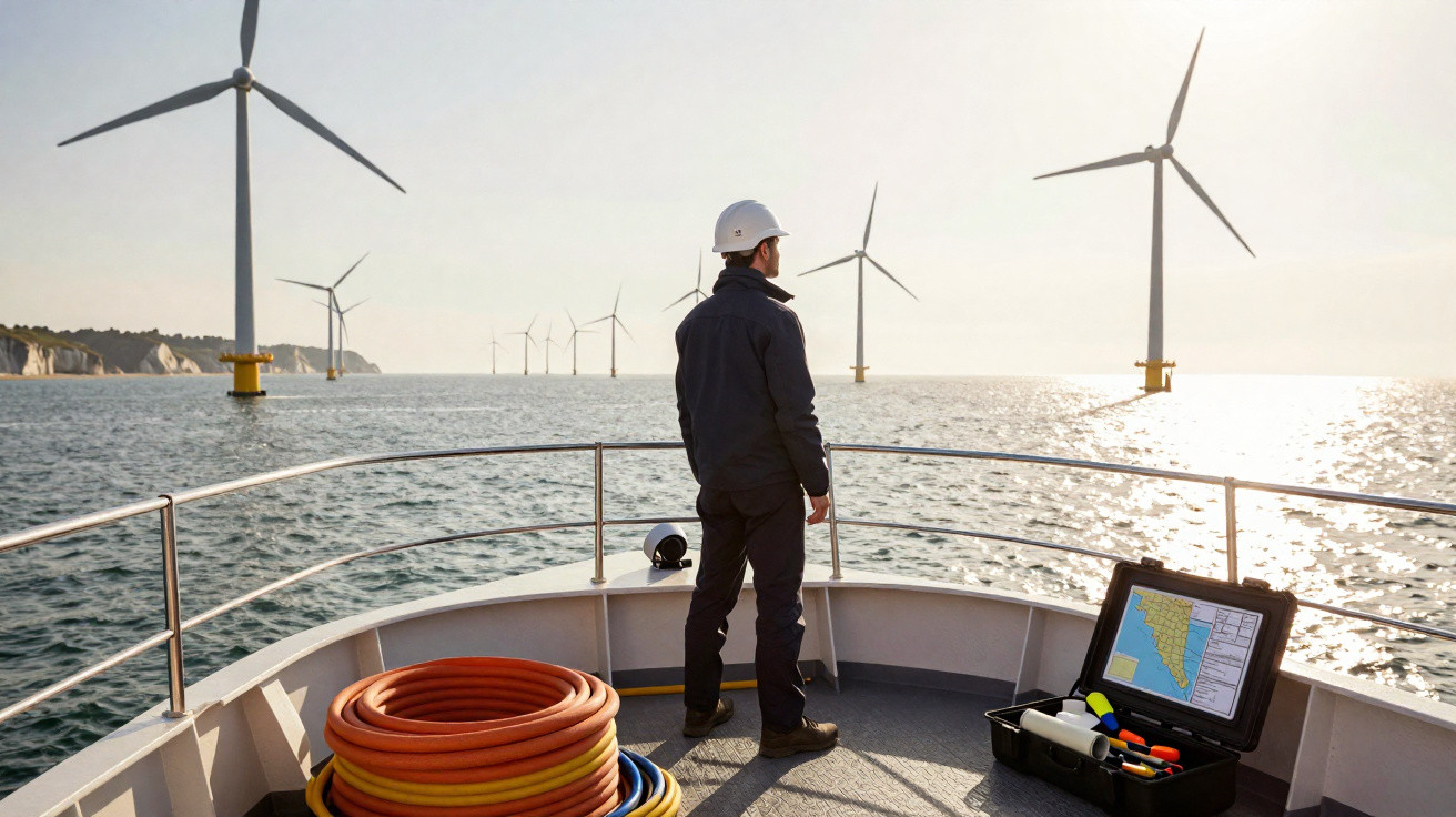 Homem com capacete em barco observa parque eólico offshore com turbinas ao pôr do sol.