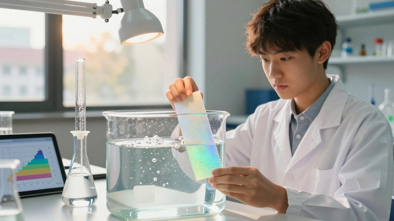 Jovem cientista usando jaleco testa material que muda de cor em tanque com água em laboratório moderno.