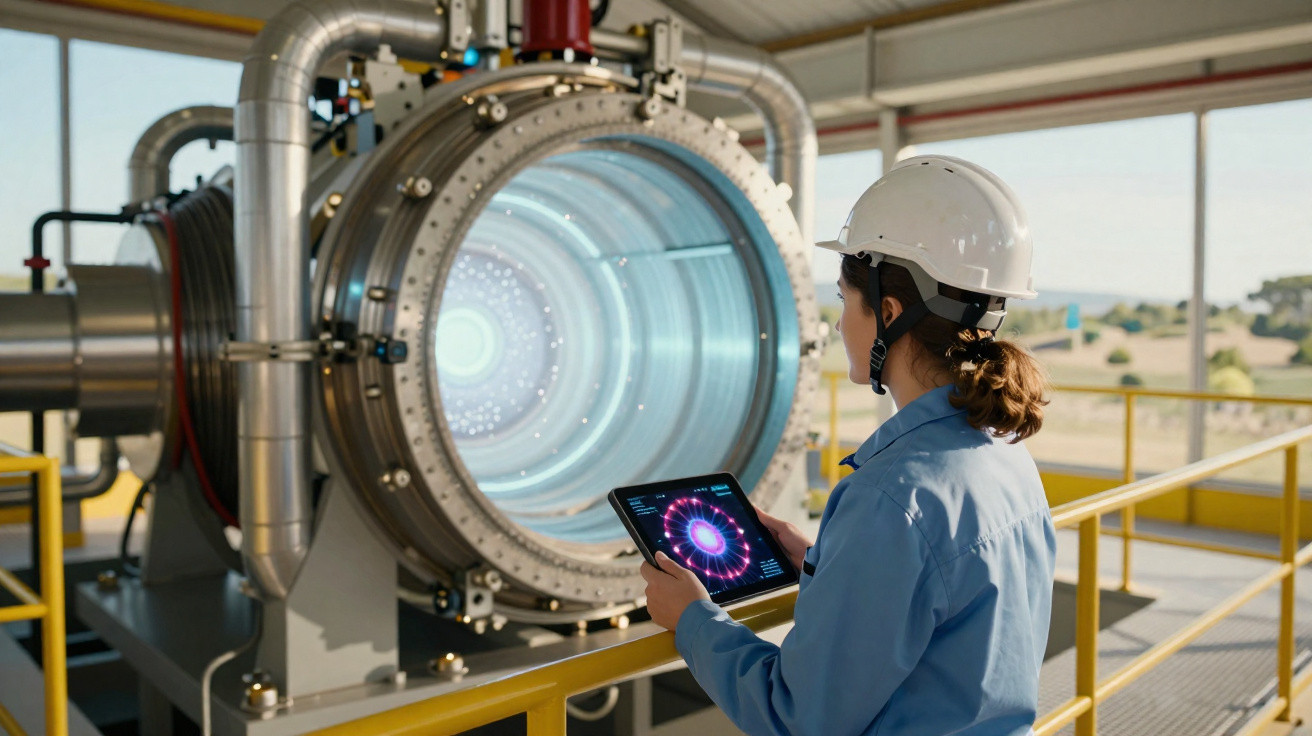 Mulher com capacete e jaleco azul operando máquina industrial futurista com tablet em mão.