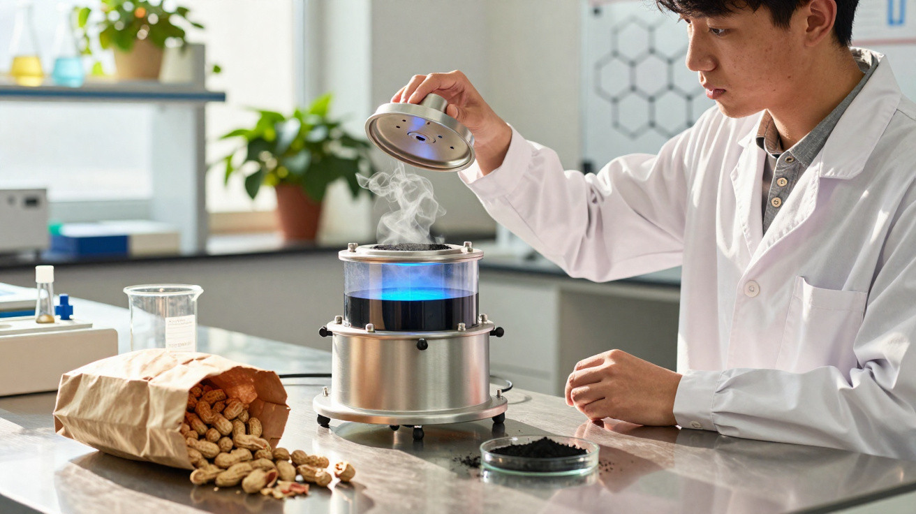 Cientista em laboratório abrindo tampa de equipamento com fumaça azul, ao lado de amendoins e terra.