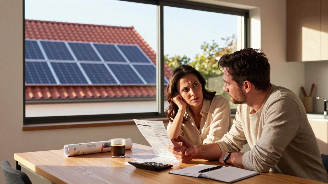 Casal analisando contas em mesa com painel solar visto pela janela ao fundo em casa.