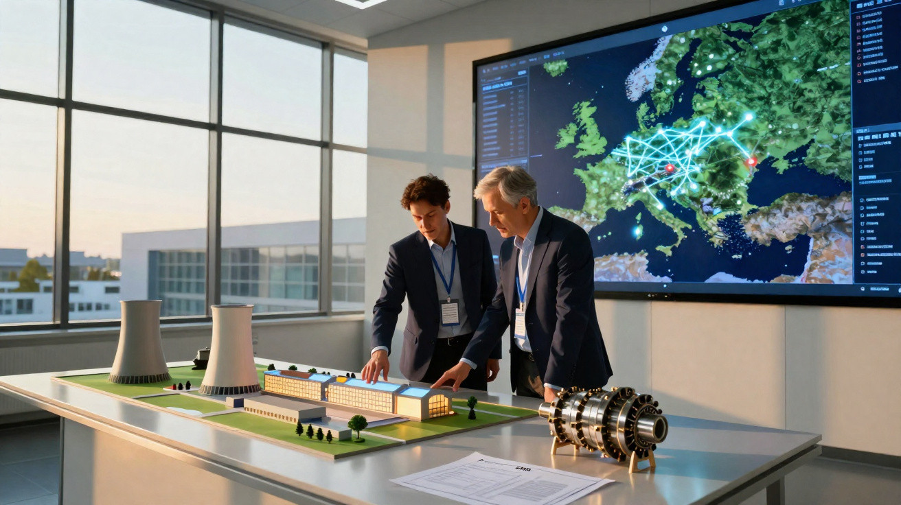 Dois homens de terno analisam maquete industrial com mapa interativo da Europa ao fundo em sala iluminada.
